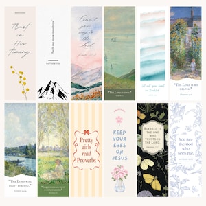 May include: A collection of twelve rectangular bookmarks with various designs and inspirational quotes. The bookmarks feature watercolor landscapes, floral arrangements, and text such as "Trust in His Timing" and "Pretty girls read Proverbs."