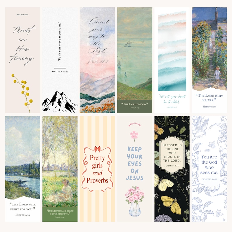 May include: A collection of twelve rectangular bookmarks with various designs and inspirational quotes. The bookmarks feature watercolor landscapes, floral arrangements, and text such as "Trust in His Timing" and "Pretty girls read Proverbs."