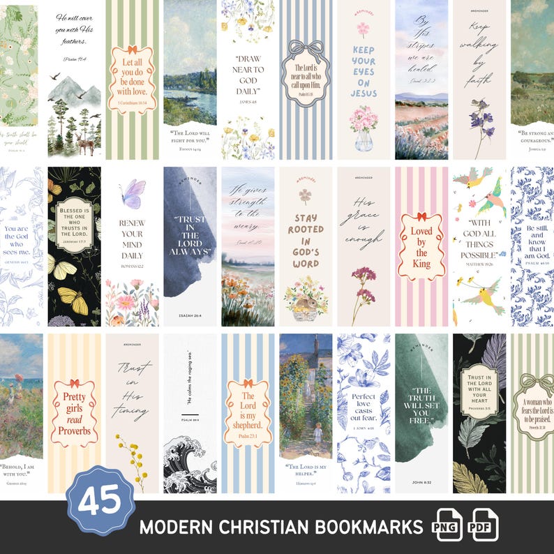 May include: A collection of 45 modern Christian bookmarks with various designs. The bookmarks feature floral patterns, landscapes, and inspirational quotes from the Bible. The color palette includes pastels, blues, and greens. The text "MODERN CHRISTIAN BOOKMARKS" is at the bottom.