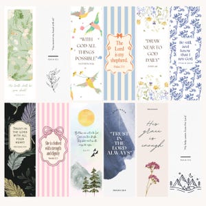May include: A collection of colorful bookmarks with inspirational quotes and floral or nature-themed designs. Each bookmark features a unique design, including birds, flowers, and mountain illustrations, with various Bible verses.