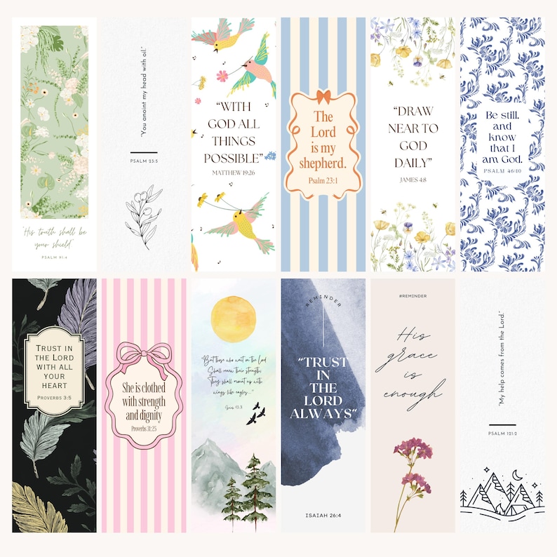 May include: A collection of colorful bookmarks with inspirational quotes and floral or nature-themed designs. Each bookmark features a unique design, including birds, flowers, and mountain illustrations, with various Bible verses.