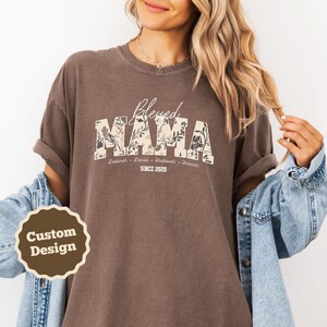 Custom Blessed Mama Shirt With Names Comfort Colors Brown Boho Floral Tshirt For Christian Mothers, Mom Gift, Trendy Christian Apparel