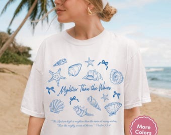 Christian Beach T-Shirt, Bible Verse Shirt, Seashell Faith Tee, Summer Christian Apparel, Christian Tee, Youth Group Shirts, Coquette Shirt