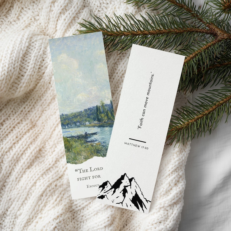May include: Two rectangular bookmarks. One features a landscape painting with a river and trees. The other has the text "Faith can move mountains" and a mountain illustration. The text "MATTHEW 17:20" is also present.