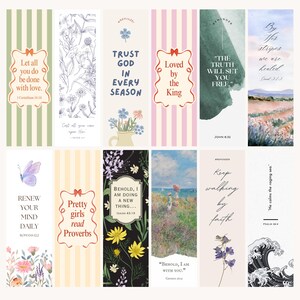 May include: A collection of colorful bookmarks with various designs and inspirational quotes. Some bookmarks feature floral illustrations, while others have striped backgrounds. The text includes phrases like "Trust God in Every Season" and "Renew Your Mind Daily."