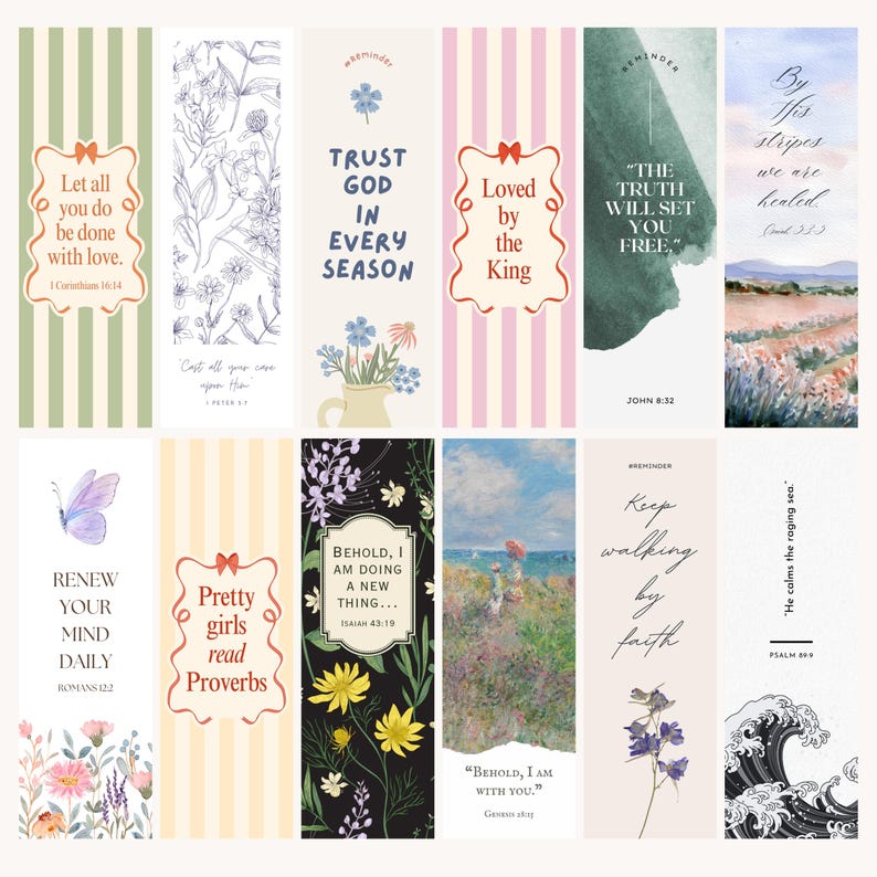 May include: A collection of colorful bookmarks with various designs and inspirational quotes. Some bookmarks feature floral illustrations, while others have striped backgrounds. The text includes phrases like "Trust God in Every Season" and "Renew Your Mind Daily."