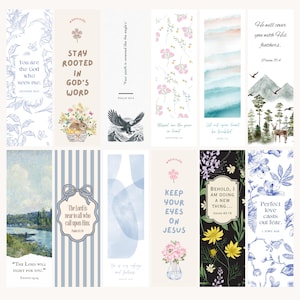 May include: A collection of twelve rectangular bookmarks with various designs and inspirational quotes. Designs include floral patterns, watercolor landscapes, and illustrations of animals. Each bookmark features a unique color palette and text.