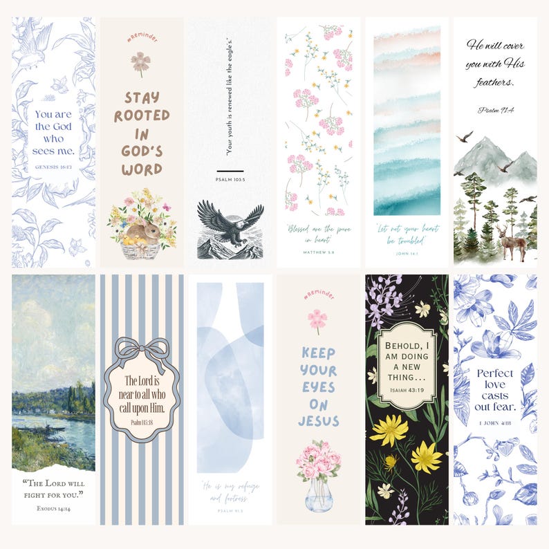 May include: A collection of twelve rectangular bookmarks with various designs and inspirational quotes. Designs include floral patterns, watercolor landscapes, and illustrations of animals. Each bookmark features a unique color palette and text.