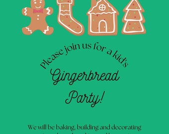 Gingerbread Party Invitation, Kids Christmas Holiday (Digital Download)