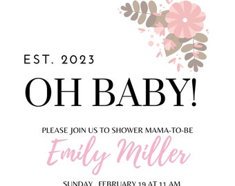 Pink Floral Baby Shower Invitation, Editable Template (Digital Download)