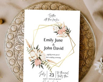 Pink Floral Wedding Invite, Invitation, Wedding, Template, Customizable, Flowers, Pretty, Dainty