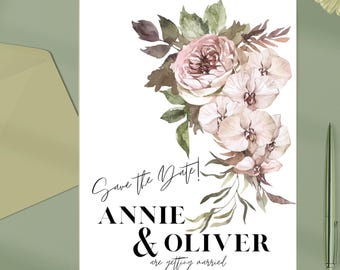 Floral Save the Date, Simple, Minimal, Wedding, Template, Customizable, Digital, Flowers