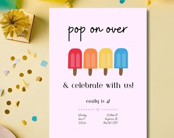 Pop on Over, Summer Birthday Invite, Popsicles, Sunmertime, Party, Invitation, Template