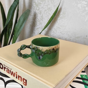Green Ceramic Mug-Mother&#39;s Day Gift-Pottery Mugs-Coffee Lovers Gift-Best Friend Gift-Pottery Mug Handmade-Hand Painted Cups-Rustic Pottery
