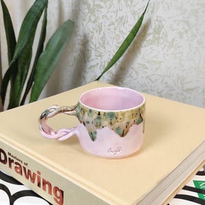 Pink Ceramic Mug with Braided Handle,Pottery Mug,Unique Gift,Coffee Lovers Gift,Pottery Drawing,Modern Pottery Rustic Boho Coffee Cup