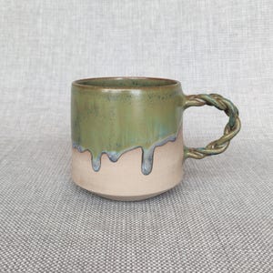 Braided Handle Stoneware Mug: Green Drip Glaze, Handmade Pottery