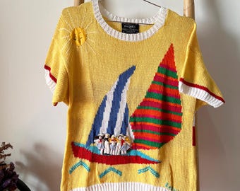 Vintage Raquel Knit Top: Yellow Yacht Sea Theme, 3D Patches, Made in Peru (Medium)