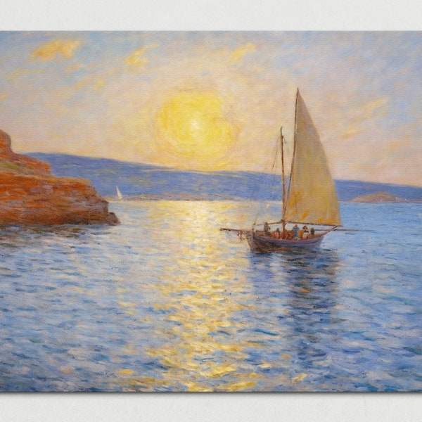 Sunset Seascape, Vintage Print, Sailing Boat, Oil Painting, Impressionism Art Style, Digital Download, Seascape post, High Quality JPGs.