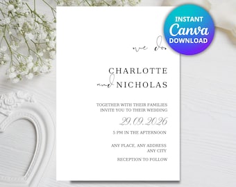 Minimalist Black & White Wedding Invitation Template: Editable Canva Design (Instant Download)