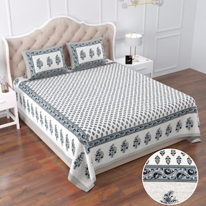 Hand Block Print Bedsheet | White King Size bedsheet with Pillow Covers | Organic Cotton Bedsheet | Double Bedding Set | Christmas Gift