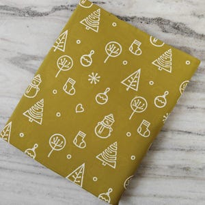 Mustard Cotton Fabric with White Christmas Print, Snowman, Tree & Ornament Holiday Fabric by the Yard, Quilting, Sewing, Festive Crafts