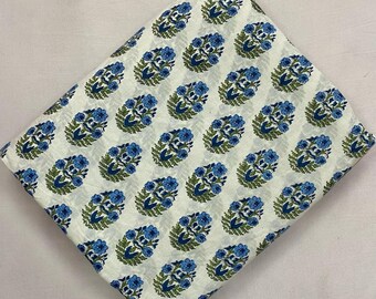 Blue Floral Cotton Fabric by the Yard Indian Block Print Fabric Hand Printed Cotton Fabric Soft Lightweight Fabric for Quilting Dressmaking