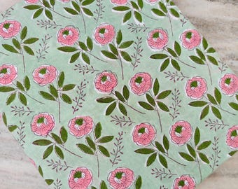 Beautiful Red Green Indian Hand Block Print Fabric, Floral 100% Cotton Quilting Fabric By The Yard, Chakra Design Fabric Dress Making
