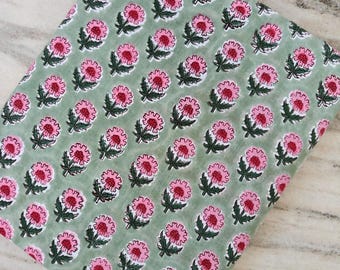 Pink Green Block Print Cotton Fabric | Floral Stripe Printed Fabric by the Yard | Soft Cotton for Sewing, Quilting, Dressmaking, Crafts