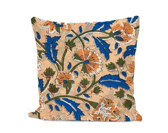 Beige Floral Cotton Cushion Cover, Hand Block Print Pillow Cover, Blue Orange Flower Throw Pillow, Boho Decorative Cushion, Gifr For Her
