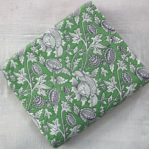 Green Floral Cotton Fabric | Hand Block Print White Flower Pattern | Indian Soft Cotton by the Yard | Sewing, Quilting, Dressmaking Material
