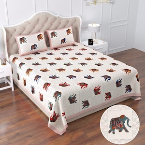 Hand Block Print Bedsheet | King Size Colorful Elephant Bedsheet with Pillow Covers | Cotton Bedsheet | Double Bedding Set | Christmas Gift