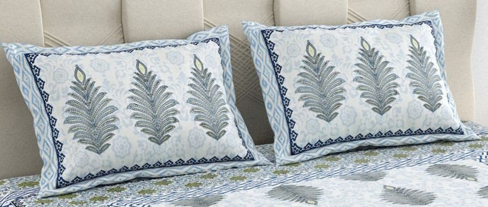 Hand Block Printed Cotton Double Bedsheet 108x108 King Size White Floral Green with 2 Pillow Covers main image 0