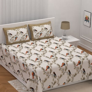 Hand Block Printed Bedsheet With Two Pillow Covers, Colourful Bird Printed Cotton Bedsheet, Double Bedsheet, Luxurious Soft Cotton Bedsheet