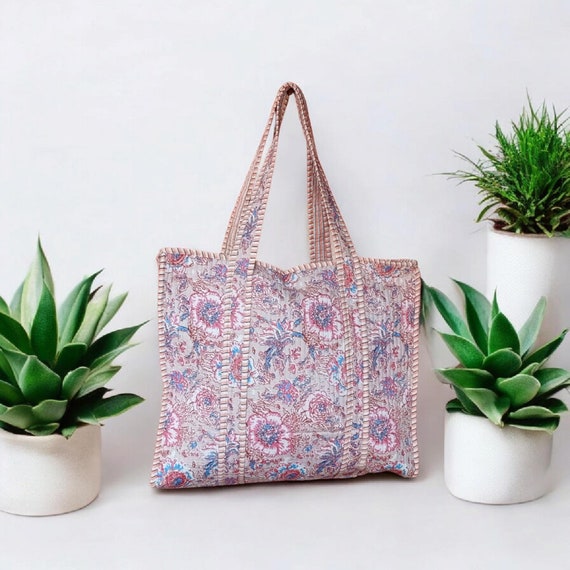 Sac à Main Matelassé En Coton Fleuri, Fait Main En Israël - Dimensions 12x12x16 Pouces, Bandoulière 40 Cm