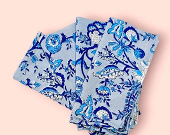 Servilletas de algodón con estampado floral azul a mano: decoración de comedor india, juego de 4
