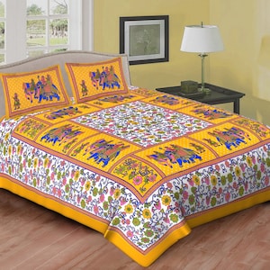 Handmade Orange Elephant Print Queen Bedsheet: Sanganeri Cotton Bedding