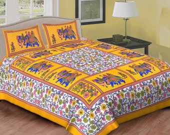 Gelber Elefant Baumwoll Bettlaken mit Kissenbezügen, Mandala Mandala Bettwäsche Set, Kingsize Bettlaken, Boho Schlafzimmer Dekor Blumenbettwäsche
