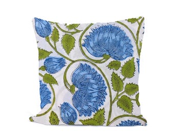 Blue Floral Cotton Cushion Cover, Hand Block Print Pillow Case, Decorative Throw Pillow Cover, Boho Sofa Decor, Christmas Pillowcases
