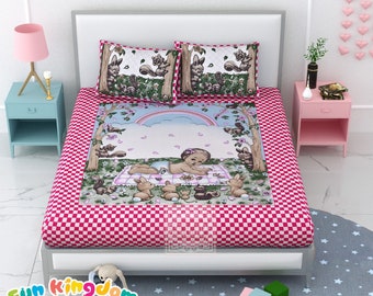 Hand block child print bedsheet set, fun kingdom luxury handmade cotton bedsheet, king size bedsheet with 2 pillow covers, indian bedsheet