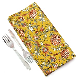 Yellow Floral Block Print Cotton Napkins: Scalloped Dinner Napkins (Set of 4)