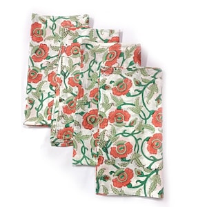 Hand Block Printed Cotton Napkins: Indian Floral Dinner Napkins, 18x18 Inches