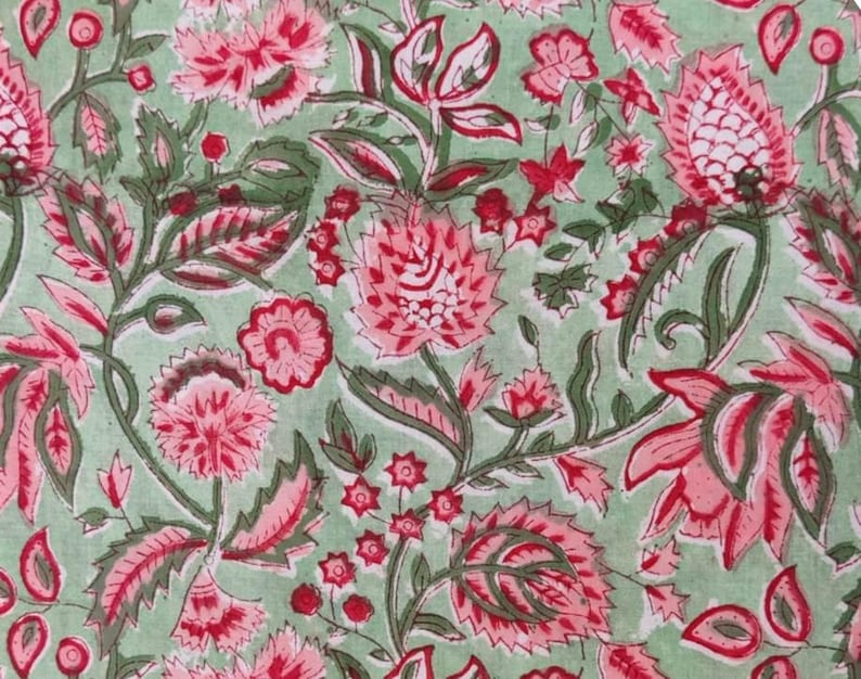 Hand Block Printed Green Floral Cotton Fabric – 5 Yards, Natural Handmade Indian Craft
