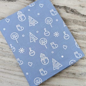 Blue Christmas Cotton Fabric, Holiday Print with Snowman, Tree & Ornaments, Winter Quilting, Sewing, Dressmaking Craft Material by the Yard