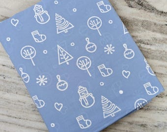 Blue Christmas Cotton Fabric, Holiday Print with Snowman, Tree & Ornaments, Winter Quilting, Sewing, Dressmaking Craft Material by the Yard