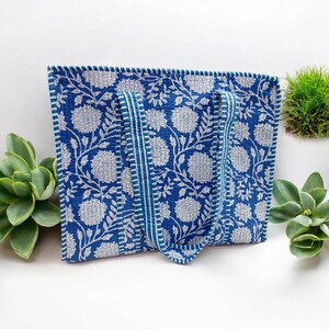 Handmade Quilted Cotton Tote Bag: Reversible Floral Print Shopping Bag