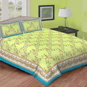 Handmade Yellow Color Print Cotton Bedsheet, 90x100 INCH, Block Print Bedsheet Floral Bed Spread, Queen Size Double Bed Sheet 2 Pillow Cover