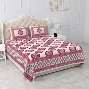 Hand Block Printed Cotton Bedsheet Set: Indian Queen Size Bedding