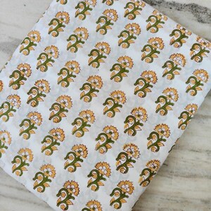 Hand Block Printed Cotton Fabric, Floral Buti Print Fabric by the Yard, Soft White Fabric for Dressmaking, Quilting & Home Decor Fabric