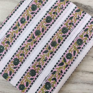 White Cotton Fabric with Green Floral Vines & Pink Stripes, Indian Hand Block Print Fabric by the Yard, Soft Cotton for Quilting,Dressmaking