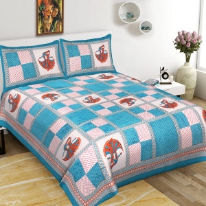 Rajasthani Traditional Pure Cotton Multi Color Sanganeri Print Bedsheet, Floral Bed Spread, Luxury Bedding, Jaipuri Bedsheet 2 Pillow Cover